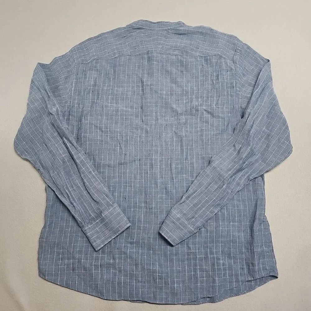 UNTUCKIT Shirt Men XL 100% Linen Ramey Mandarin Collar Grid Check Button Up Blue - Picture 3 of 7